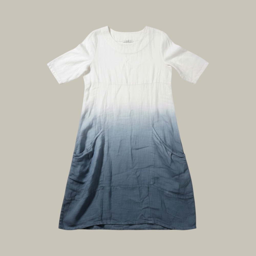 Vasna Linen Ombre Dress Womens Large Blue Cream Made in Italy Lagenlook Pocket